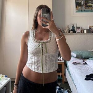 With Jean Cream Top with Green Ribbon